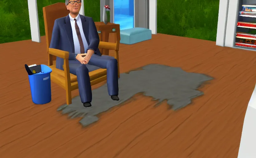 Image similar to bill gates pissing his pants in the sims 2, pc screenshot, top down zoomed in