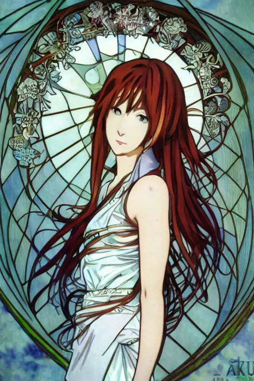 Prompt: Smiling Kurisu Makise tonemapped in the style of Ayami Kojima and Alphonse Mucha