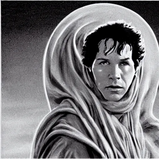 Image similar to Paul Rudd in the movie Dune, black and white matte painting, comic book