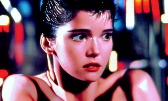 Prompt: full - color cinematic movie still from the 1 9 8 2 film blade runner starring actress phoebe cates. science - fiction ; action ; neon ; gritty ; dystopian ; detective mystery. detailed facial - features.