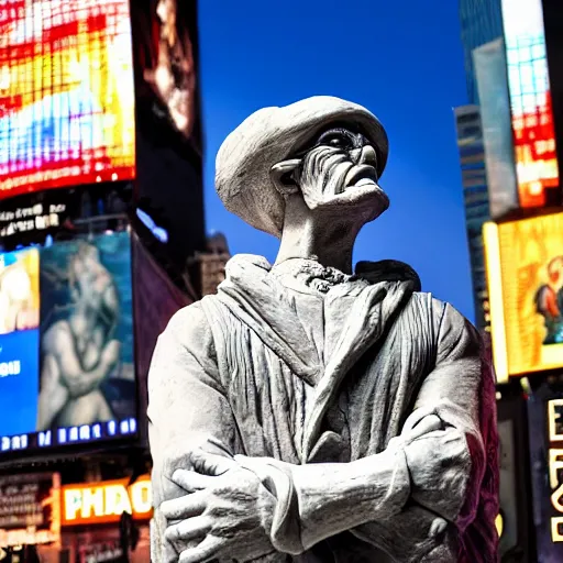 Image similar to extreme long - shot photograph of a renaissance clay sculpture of walter white wearing a phrygian cap in front of times square, made by michelangelo, very detailed, sharp focus, 8 k resolution, ray tracing