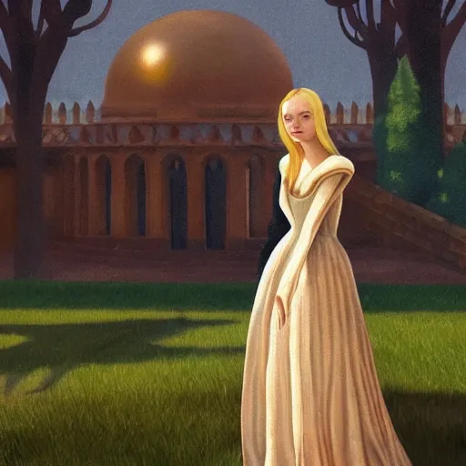 Prompt: Elle Fanning, head and shoulders masterpiece, in Anor Londo, golden hour, in a garden, artstation, in the style of Art Deco and Edward Hopper and Bosch, extremely detailed