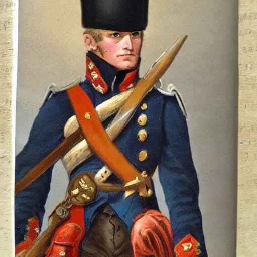 Image similar to a napoleonic infantryman taking a selfie, in the style of a school book photo.