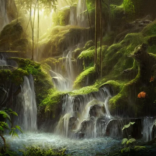 Image similar to a waterfall homogeneous to tears near a tumultuously overgrown jungle, intricately detailed oil painting, trending on artstation, cgsociety contest winner, 4 k quality