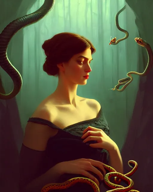 Image similar to stylized portrait by aykutmakut of an artistic pose, composition, young victorian sad fancy lady, surrounded by snakes, cinematic moody colors, realistic shaded, fine details, realistic shaded lighting poster by ilya kuvshinov, magali villeneuve, artgerm, jeremy lipkin and michael garmash and rob rey