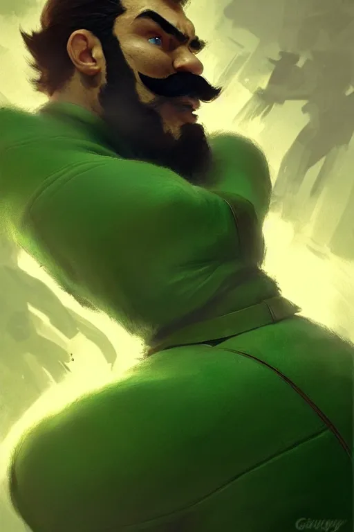 Prompt: gigachad luigi fighting like ernest khalimov in a green suit with a beard, fantasy character portrait, ultra realistic, full body concept art, intricate details, highly detailed by greg rutkowski, ilya kuvshinov, gaston bussiere, craig mullins, simon bisley