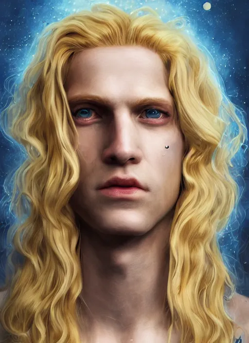 Prompt: An epic fantastic realism comic book style portrait painting of Lucius the most beautiful androgynous blond prince in the universe, long fluffy light golden blond curls of hair, porcelain pale skin, flowers rain everywhere, fisheye lens, Apex Legends Concept Art, porcelain, unreal 5, DAZ, hyperrealistic, octane render, cosplay, RPG portrait, dynamic lighting