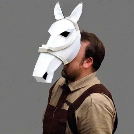 Image similar to man wearing horse head mask on shoulder of man