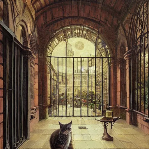 Prompt: detailed face of an intelligent scholarly cat with kind eyes in a architectonic victorian courtyard at a science expo, atmospheric, ambient, pj crook, syd mead, livia prima, artgerm, greg rutkowski, nick alm, casey baugh