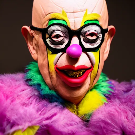 Image similar to UHD candid photo of Klaus Schwab dressed as flamboyant emperor, wearing extremely accurate clown makeup, accurate face, UHD, photorealistic, correct face, photo by Annie Leibowitz