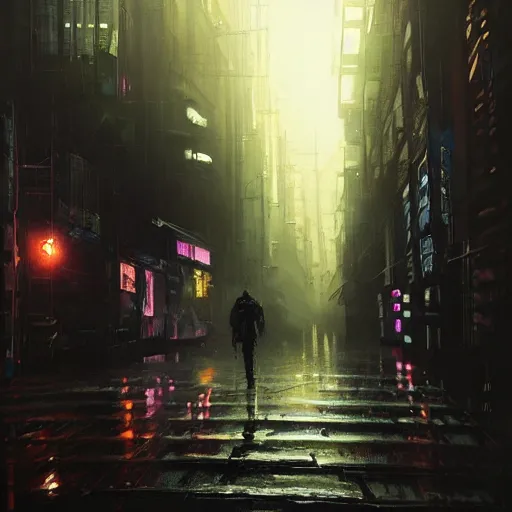 Image similar to a wanderer in a cyberpunk city, dramatic lighting, city background, night, chiaroscuro, high detail, painted by greg rutkowski, painted by igor kieryluk, painted by raymond swanland, trending on artstation