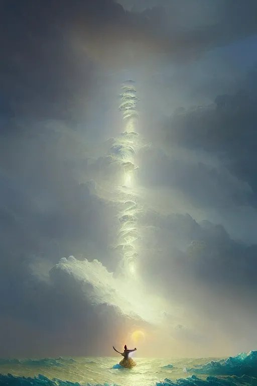 Image similar to A stunning detailed deity emerging from a stormy ocean by Ivan Aivazovsky, Peter Mohrbacher , Greg Rutkowski, digital painting, beautiful lighting, full moon, detailed swirling water tornado, artstation