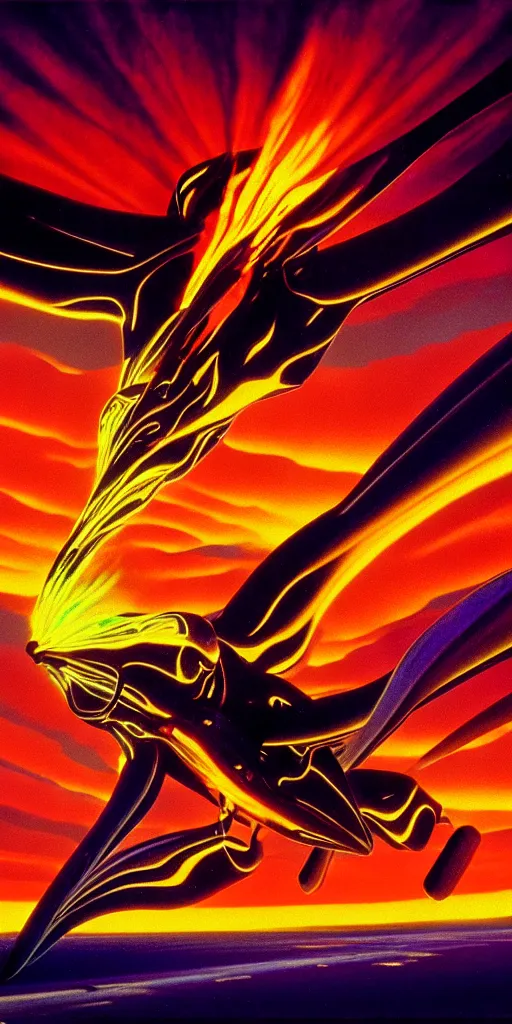 Prompt: hyperrealistic iridescent intricate zmeu spitting fire and flying through the sky at sunset syd mead dali dramatic lighting