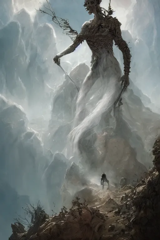 Image similar to profile view, a necromancer on a cliff with a staff casts a spell that reveals the secret of life the universe and everything, dirty linen robes, staff of bones, grizzled bearded withered man by jessica rossier and hr giger