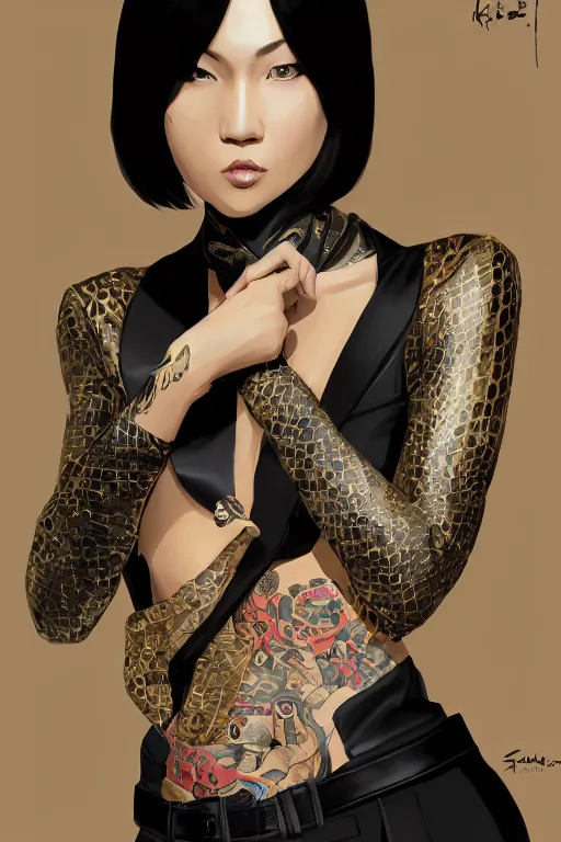 Image similar to yakuza slim girl, gold suit jacket in snake print, jacket over bare torso, yakuza tattoo on body, black short curtain haircut, black leather pants with black belt, portrait, elegant, 2d, ultra highly detailed, digital painting, smooth, sharp focus, artstation, art by Ilya Kuvshinov, rossdraws