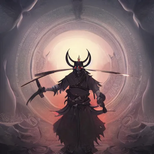 Prompt: A digital intricate illustration concept art of samurai baphomet inspired art by Renato muccillo and Andreas Rocha and Johanna Rupprecht + dofus colors, wakfu colors + symmetry + greco-roman art, intricate complexity, epic composition, magical atmosphere, highly detailed, cinematic lighting + masterpiece, trending on artstation + 8k