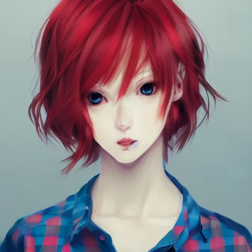 Image similar to full headshot portrait of woman with red hair and blue, digital art, drawn by WLOP, by Avetetsuya Studios, anime manga panel, trending on artstation, wearing a plaid shirt