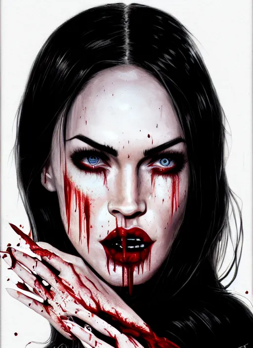 Image similar to portrait of megan fox as a evil vampire queen baring her fangs, bloody tears, jewelry, greek, dark, fangs, intricate, headshot, fangs, key visual, conceptart, ambient lighting, highly detailed, digital painting, artstation, concept art, sharp focus, by makoto shinkai and akihiko yoshida and greg manchess