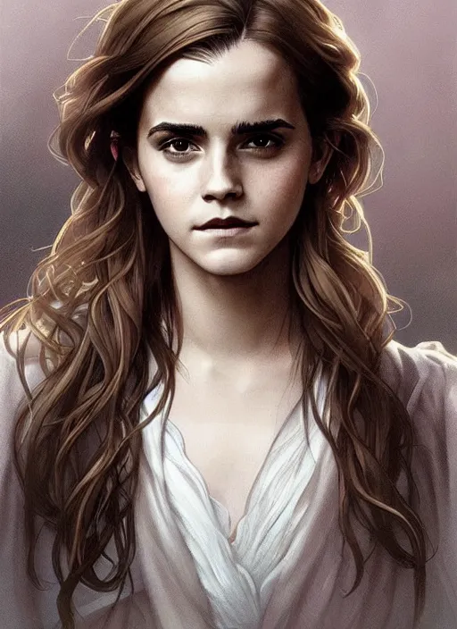 Image similar to emma watson as hermione. beautiful detailed face. by artgerm and greg rutkowski and alphonse mucha