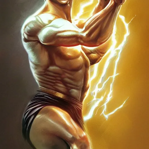 Image similar to bruce lee as the greek god of lightning, highly detailed, by artgerm and greg rutkowski