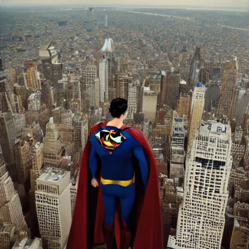 Image similar to superman from back sitting on chair standing on top of the empire state building strong stance photo by annie leibovitz