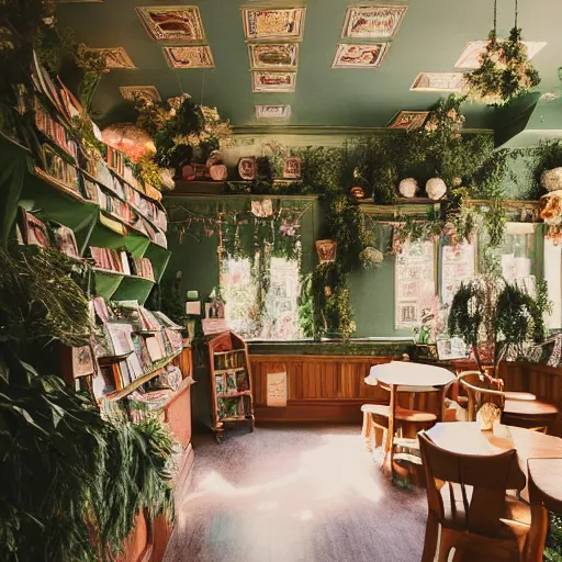 Image similar to Dreamy photo of a very very cozy bookstore cafe that is nestled into the lush PNW woods, lush plants and flowers, sleepy feeling, magical feeling, hazy, film grain, muted color palette, castles and temple details, ornaments, in the style of Gucci, photographed by Petra Collins and Wes Anderson, magic details, 8k, trending on artstation, very detailed W 910