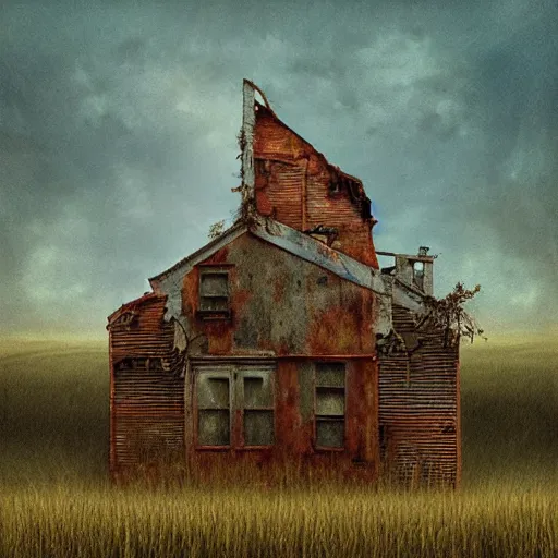 Image similar to an abandoned old rusty American house on a field in style of Zdislaw Beksinski