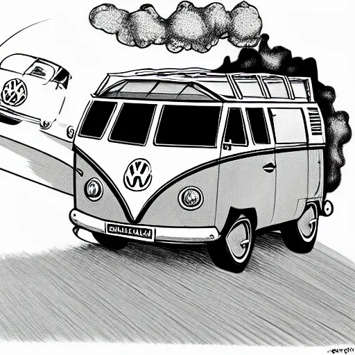 Image similar to a caricature drawing of a vw volkswagen bus, camper, bulli, type - 2, microbus, kombi, flying towards the camera, jumping at the viewer, dynamic action shot, fish - eye lense, frontal, a vulcano is erupting in the background