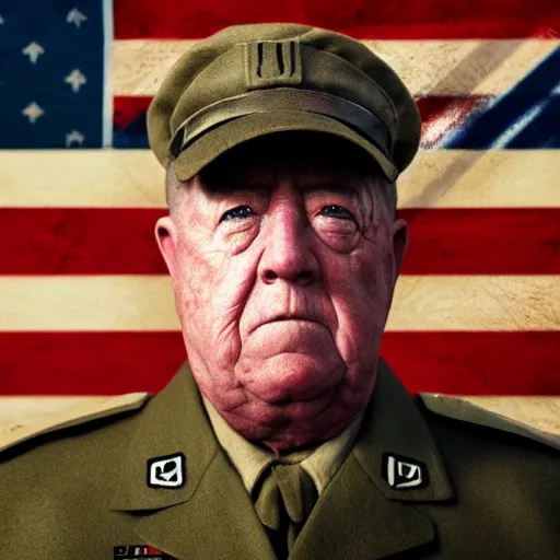 Image similar to general patton but as john krasinski standing in front of american flag, perfect face, sharp focus, illustration, octane render