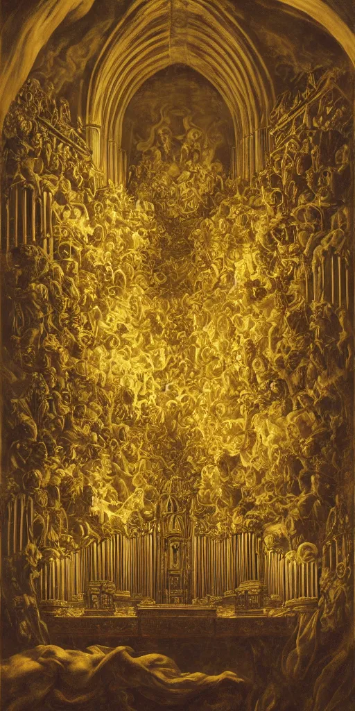 Prompt: pipe organ pies and ghosts intricately carved from dark smoke, high detail baroque oil painting, golden ratio, volumetric light, godrays, terrifying geometry, alan lee, caravaggio, michelangelo