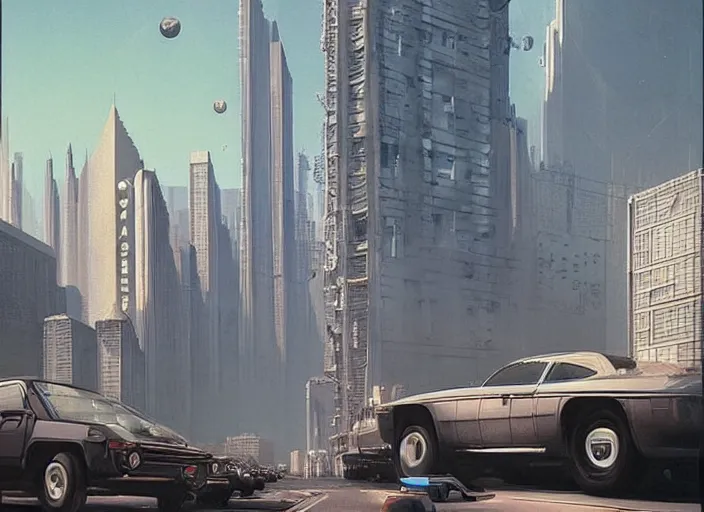 Image similar to 5 cars driving down a street in the city of [[[[[Eindhoven]]]]] next to tall buildings the night at 8:00 am, cyberpunk art by Chesley Bonestell, cgsociety, retrofuturism, matte painting, reimagined by industrial light and magic