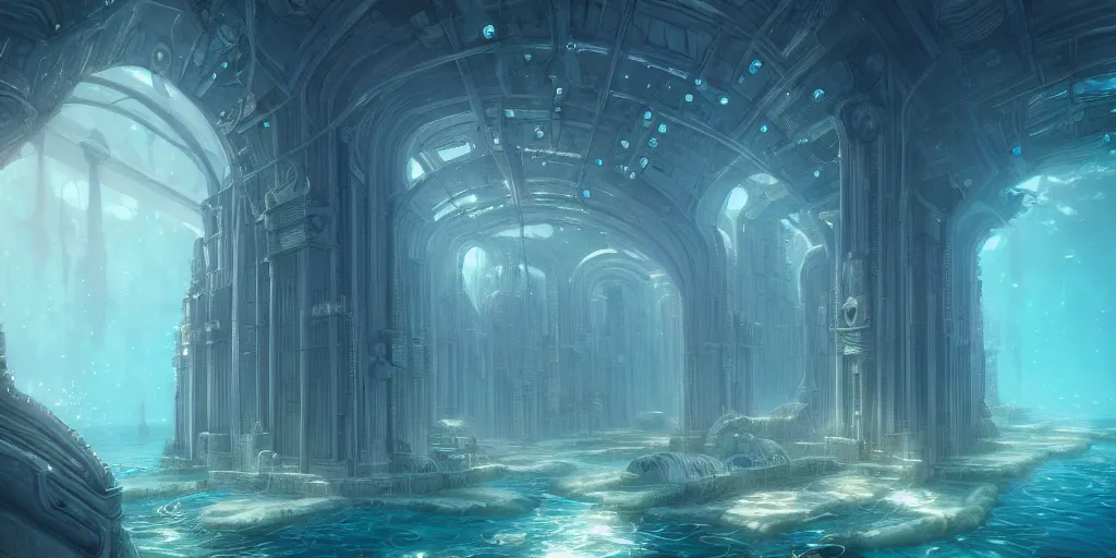 Image similar to underwater city, style epic, symmetrical, insanely detailed, style of charlie bowater, kelly mckernan, unreal engine render, artstation trend, hyper detail, epic art style, cinematic, concept art