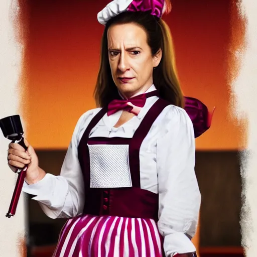 Image similar to Film still of female Saul Goodman wearing a maid outfit, trending on artstation, artstationHD, artstationHQ