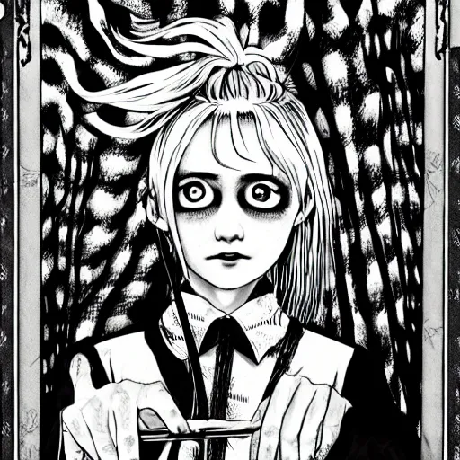 Image similar to Luna Lovegood in the style of Junji Ito. Manga. Black and white. Gothic. Horror. Exquisitely detailed. 4K.