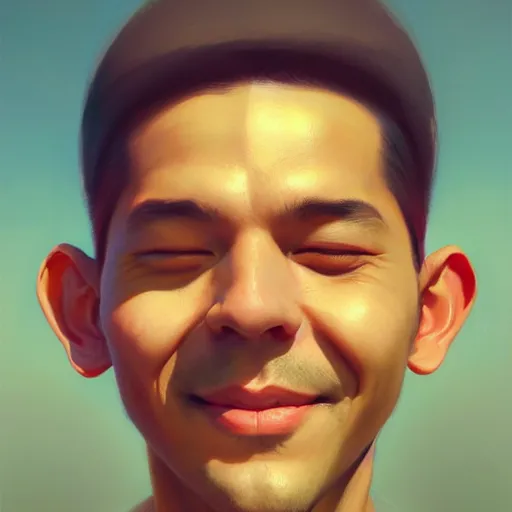 Prompt: portrait painting of smiling man, medium shot, asymmetrical, profile picture, organic painting, sunny day, matte painting, bold shapes, hard edges, street art, trending on artstation, by huang guangjian and gil elvgren and sachin teng