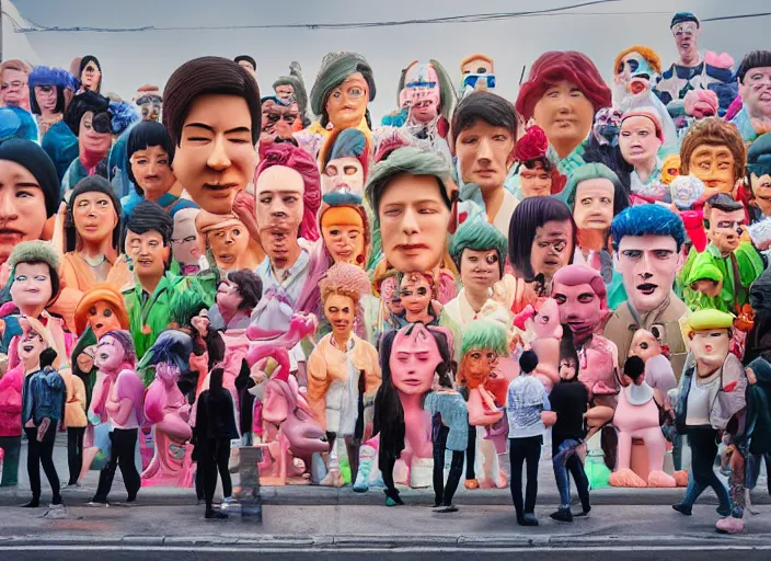 Image similar to group of people made of plastic and clay, 3 d, exterior street, neon japanese advertisements, portrait face, matt murphy, jeremy enecio, miles johnston, monet, cynical realism, john william godward, yoshitaka amano, miles johnston, louise zhang, matt murphy, enes dirig, pekka halonen, finnish naturalism, realism