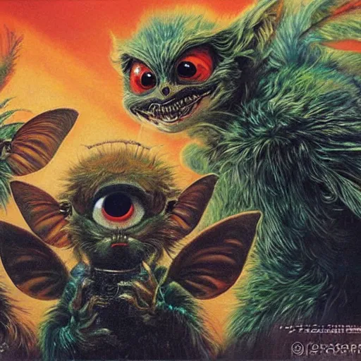 Prompt: gremlins vs mothra art by Noriyoshi Ohrai
