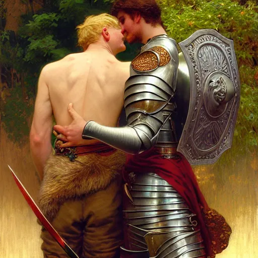 Image similar to attractive arthur pendragon and his attractive male knight, they are in love, natural lighting, path traced, highly detailed, high quality, digital painting, by gaston bussiere, craig mullins, alphonse mucha j. c. leyendecker