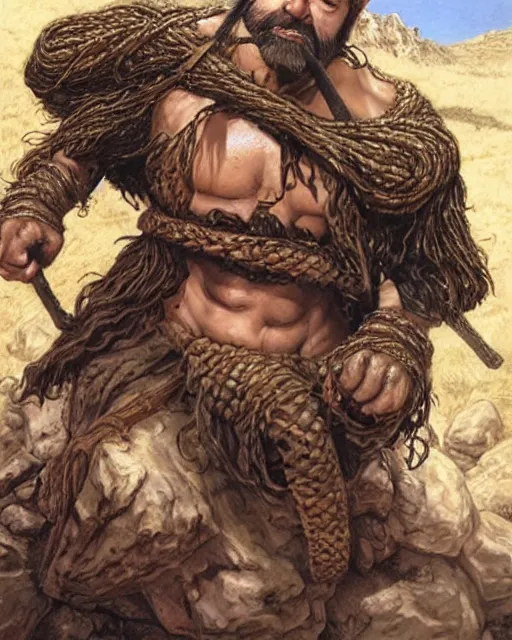 Prompt: a bald warrior male dwarf with long brown braided beard in a barren mountainous landscape, art by mark brooks, jason edmiston, glenn fabry