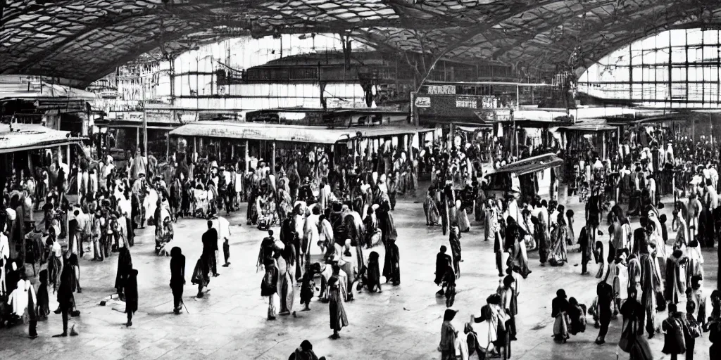 Prompt: establishing shot, interior of an indian railway station, bustling with people, sharp focus, aesthetic