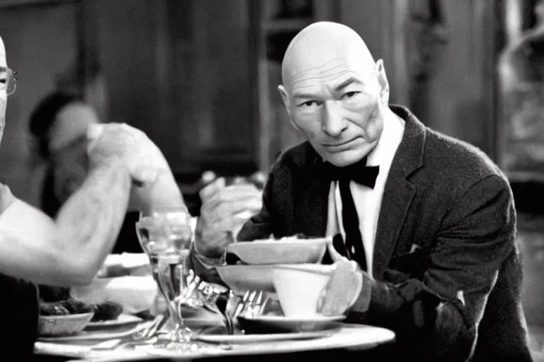 Prompt: film still patrick stewart in a dinner in pulp fuction