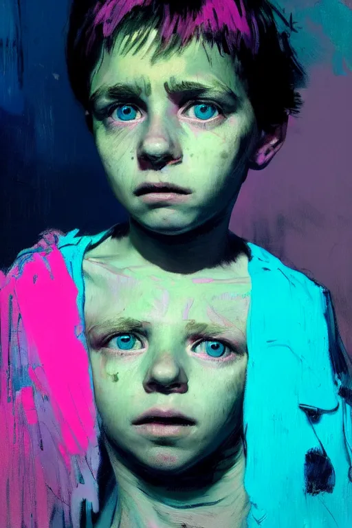 Prompt: portrait of a young boy living in a postapoliptic forgotten world, her face expresses : sadness, and death, in the colors hot pink and cyan, beautiful face, rule of thirds, complex outfit, spotlight, by greg rutkowski, by jeremy mann, by francoise nielly, by van gogh, digital painting