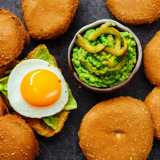 Image similar to juicy vegan hamburger topped with guacamole and fried onion and a vegan fried egg, crispy buns, 8 k resolution, professional food photography, studio lighting, sharp focus, hyper - detailed