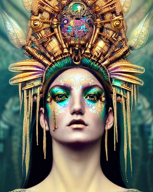 Image similar to hyperrealistic detailed portrait of a beautiful goddess in an iridescent ornamental ritual headdress, intricate cyberpunk make - up, golden face tattoos, insane details, art by ernst haeckel, nekro borja, android jones, john william godward, gothic - cyberpunk, beautiful deep colours,