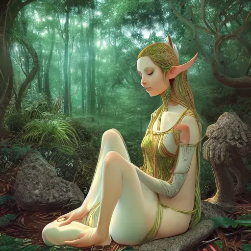 Image similar to elven princess meditating in forest, digital art, trending on artstation, ultra detailed, intricate, sacred geometry, serene, beautiful, photo, realistic, perfect, smooth, moebius, by moebius