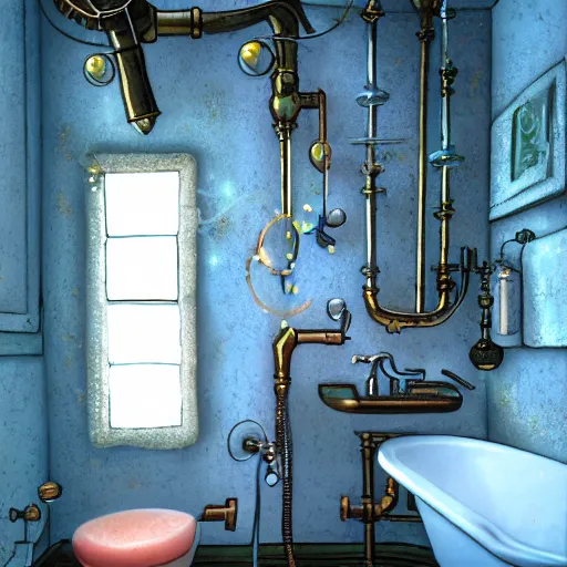 Image similar to steampunk bright tiny bathroom in the warm morning light, soap, bubbles, small perfumes, beautifully lit, painting, high resolution, trending on artstation