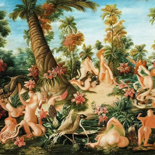 Image similar to tropical beach paradise, rococo art style, animals and birds, highly detailed