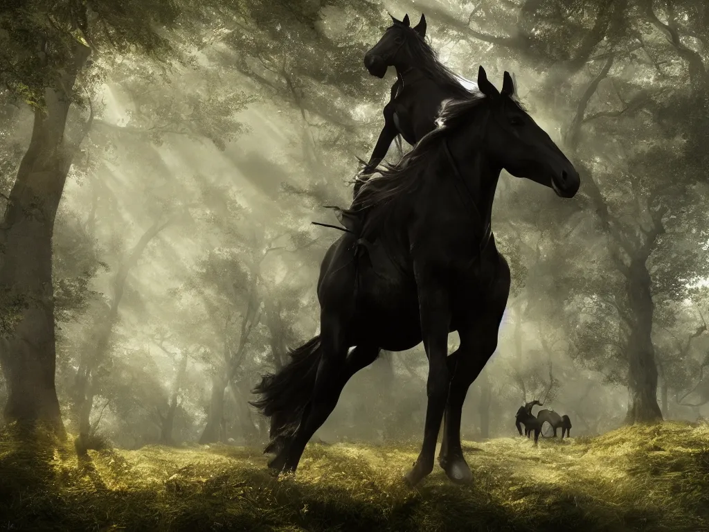 Prompt: a woman ridingon a strong black horse through a oak and beech forrest, rays of life, cinematic, fantasy art, moody morning light, cryengine, trending on artstation, by peter jackson