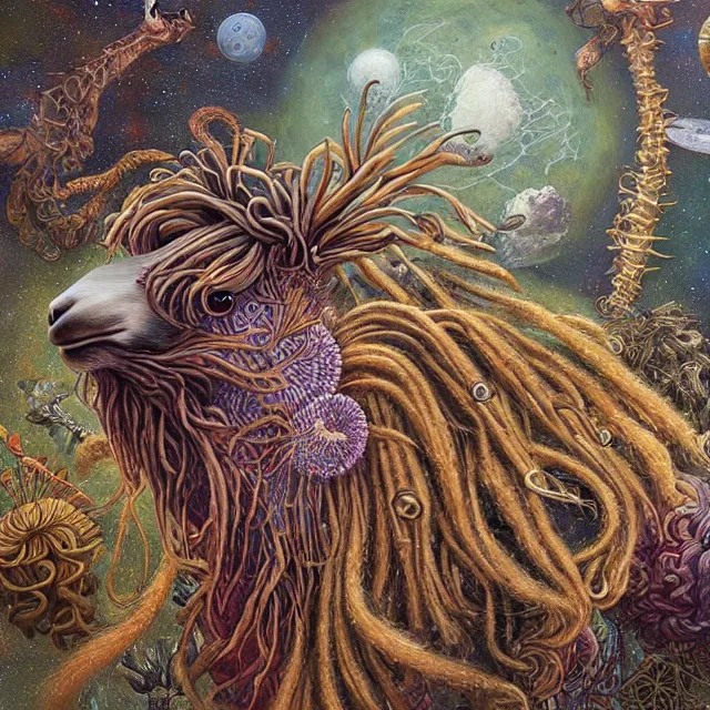 Image similar to llama with dreadlocks, space, by mandy jurgens, ernst haeckel, james jean