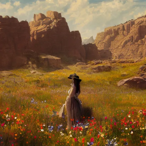 Prompt: a matte painting of the wild west, woman standing, patchy flowers, oil painting, pale colors, high detail, 8 k, wide angle, trending on artstation,